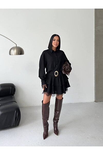 Slassy Wear Shirt Collar Lace Detail Mini Belted Dress