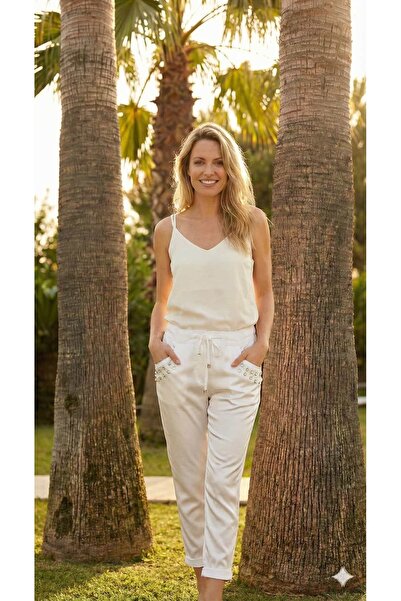 Punta Otantik Pt91520 Italian Satin Trousers with Pocket Lace and Stone Detai...