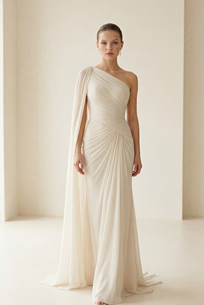 Setre Taş Tek Kol Pelerin Detaylı Tam Kalıp Abiye Elbise