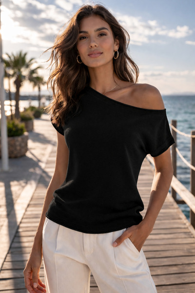 TRQOM Women's Knitwear Blouse Black Batwing Sleeve Short Sleeve Sausage Colla...