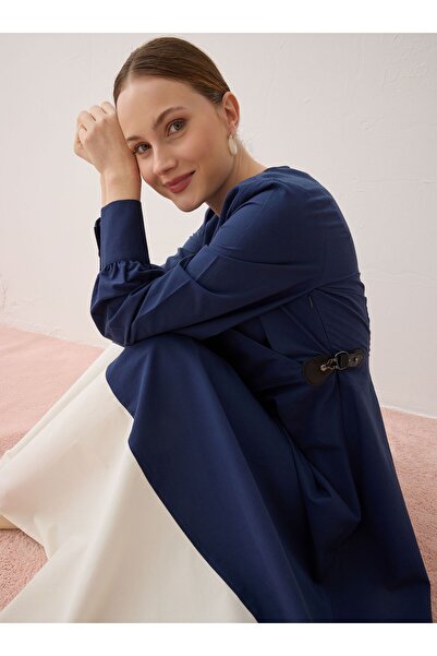 Benin Contrast Color Detailed Belted Dress - Navy Blue - - Exclusive