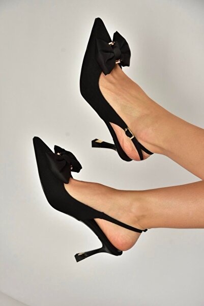 Fox Shoes Y308203704 Black Fabric Thin Heeled Women's Shoes with Ribbon Detail