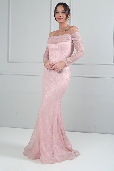 By Saygı Women's Boat Neck Draped Lined Long Sleeve Lace Mermaid Dress