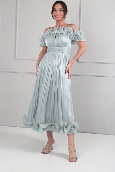 By Saygı Women's Chiffon Fabric Midi Dress with Flounce Detail