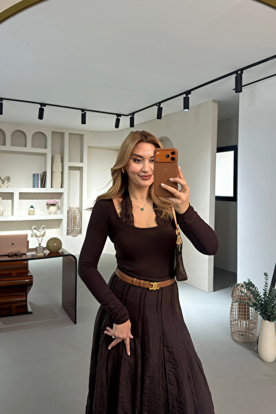 Sezgi Tekin Lace Collar Halter Neck Brown Blouse