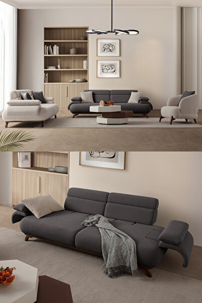 Eymense Bonjo Sırt Mekanizmalı Ceviz Kasalı Koltuk Takımı 3+3+1 Antrasit