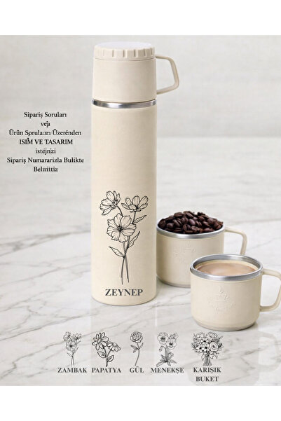 Penguen Kişiye Özel Paslanmaz Çelik 3 Bardaklı Termos 500ml - 6 Saat Sıcak, 1...