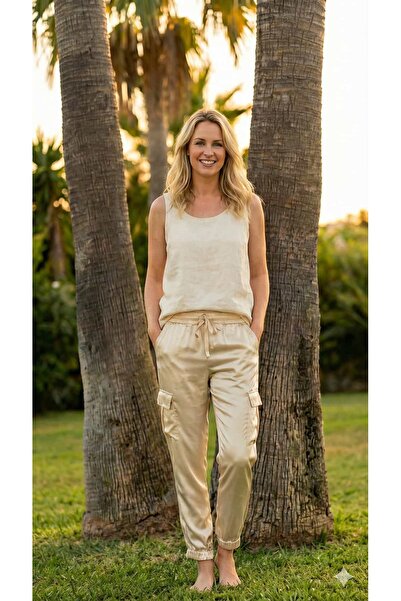 Punta Otantik Pt91510 Italian Satin Cargo Pants Cream