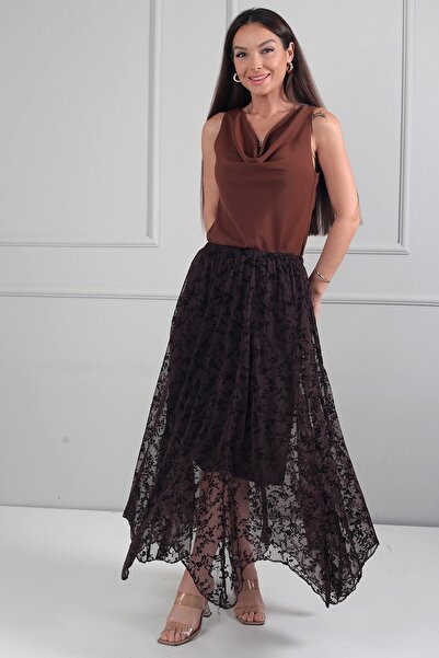 By Saygı Women's Elastic Waist Lined Flock Printed Long Asymmetrical Skirt