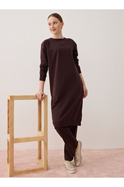 Benin Set de trening lung cu guler rotund și mâneci raglan, simplu, maro - Maro