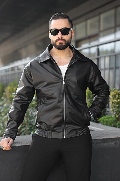 Jaglion Men's Premium Black Leather Zipper Jacket