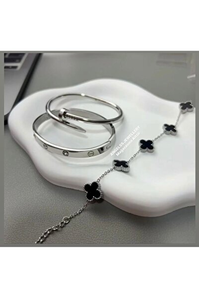 ANGELSS JEWELLERY Triple Combination Clover Model Black Silver Color Nail Cuf...