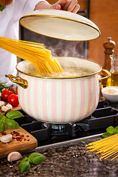 PARİONETTE Emaye Derin Tencere 24 cm 5.20 Litre | Kapaklı | Çizgili Desen | S...