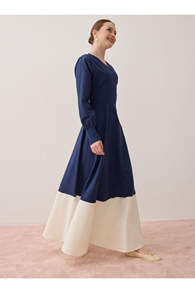 Benin Contrast Color Detailed Belted Dress - Navy Blue - - Exclusive