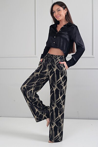 By Saygı Γυναικείο σατέν παντελόνι Palazzo με ελαστική μέση, τσέπες και αφηρη...