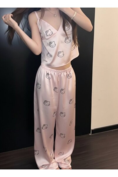 Gofeel Hello Kitty Glitter Stone Detailed Satin Strap Tracksuit Set