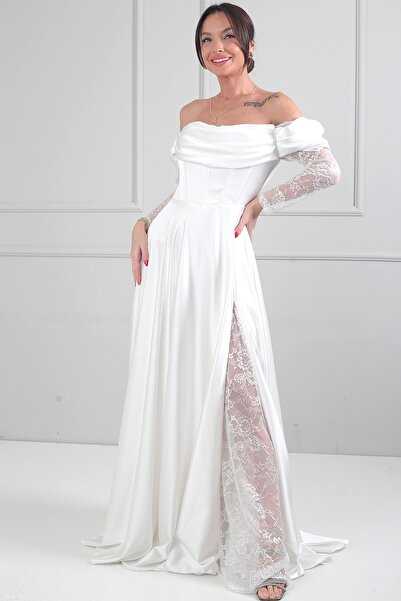 By Saygı Rochie lungă din satin pentru femei, cu decolteu drapat, căptușită c...