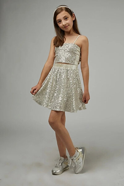 Tomac Pul Payet Etek & Crop Gümüş Kız Çocuk Abiye Takım