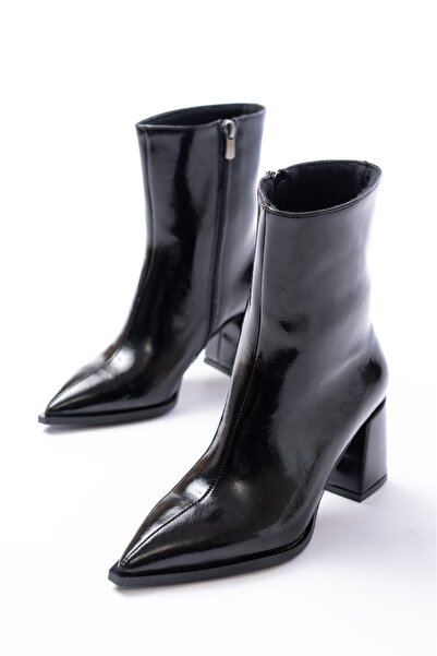 simplicity Pointed Toe Thick Heel Side Zipper Wrinkled Patent Leather Black H...