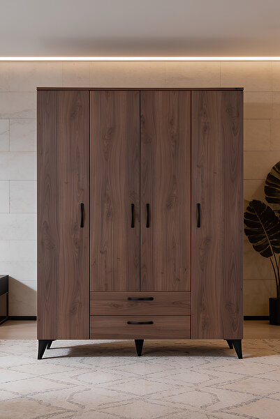 Kilim Mobilya Robin 4 Kapaklı 2 Çekmeceli 5 Raflı Yüksek Ayaklı Dolap