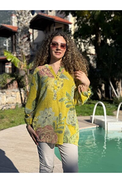Punta Otantik Yg14095 Italian Three Buttons Cotton Linen Blouse Yellow