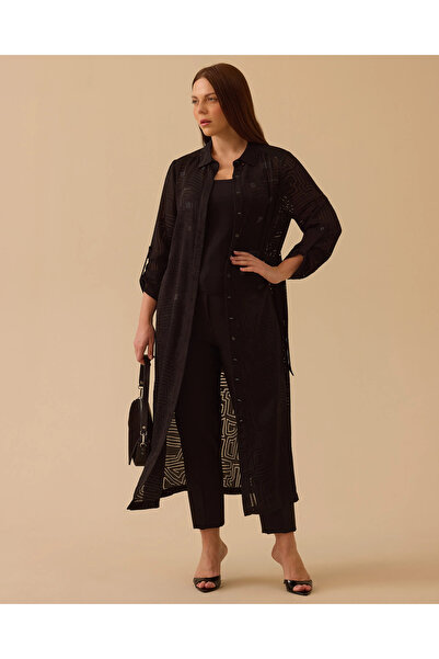 Gala-Xi Büyük Beden Taş Detaylı Desenli Uzun Tunik