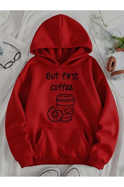 sevdaonline Kahve fincanı ve donut desenli cepli kadın kapüşonlu sweatshirt