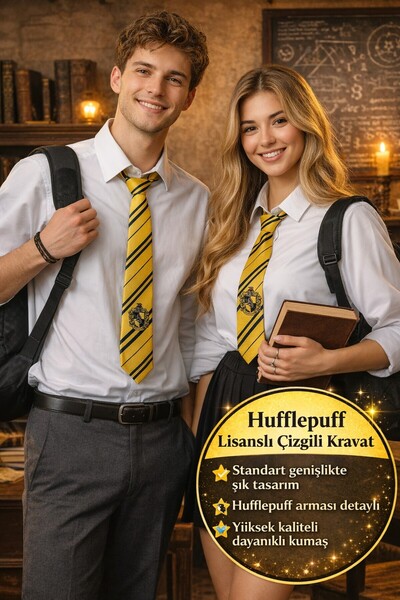 TOYFEST Harry Potter Hufflepuff Öğrenci Kravatı Lisanslı Çizgili Sarı Cosplay...