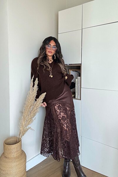 Sohotique By P Zr Model Lace Satin Skirt Brown