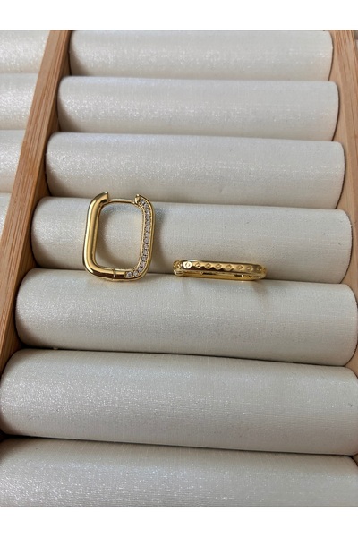 ARİ TAKI Gold Steel Earrings with Rectangular Stones
