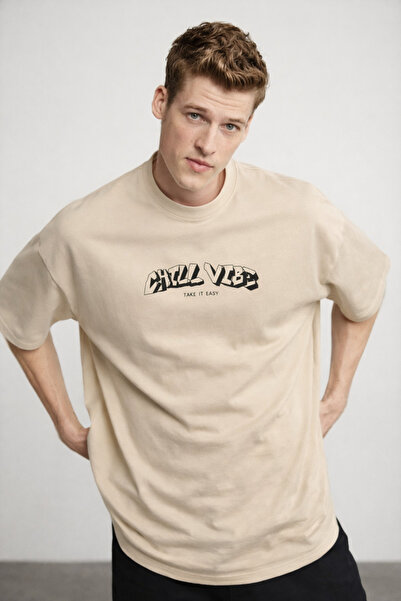 COMBİNE MİCHAİL Men's Chill Printed Oversize Cream T-Shirt