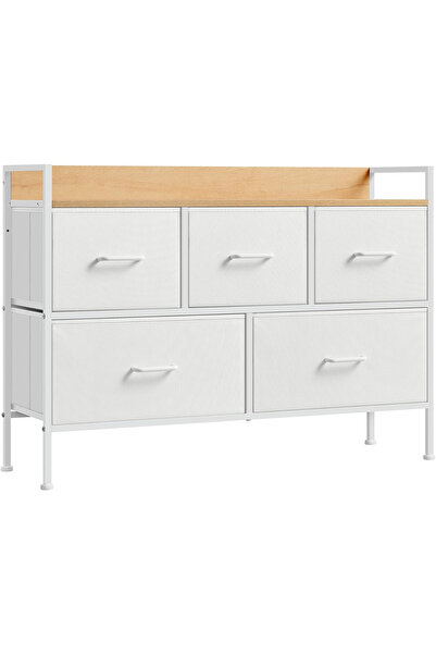 SONGMICS Comodă cu 5 sertare textile, 98x29x70 cm, alb și stejar