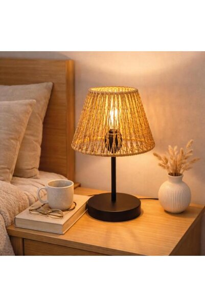 Generic Table Lamp with Rattan Shade and Metal Base