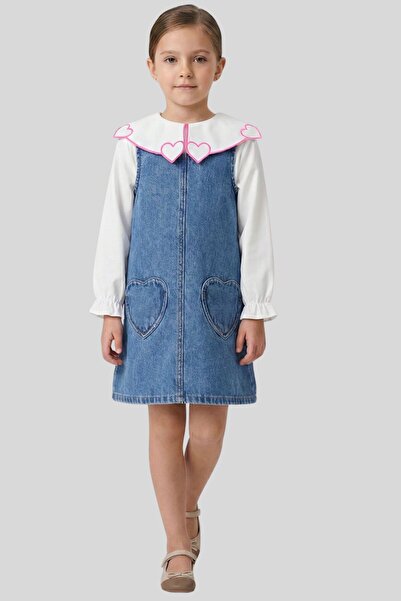 ww waka waka kids store Girl's Jean Gilet Dress Set with Heart Embroidery and...