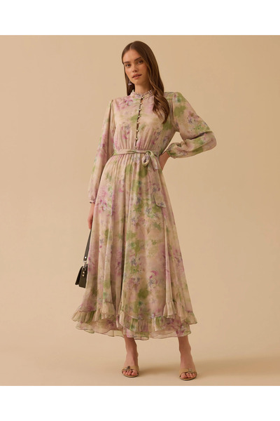 SCL Çiçek Desenli Fırfırlı Şifon Elbise