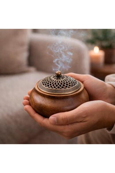 Generic Decorative Round Wooden Incense Burner with Metal Lid