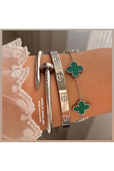 ANGELSS JEWELLERY Triple Combination Clover Model Green Silver Color Nail Cuf...