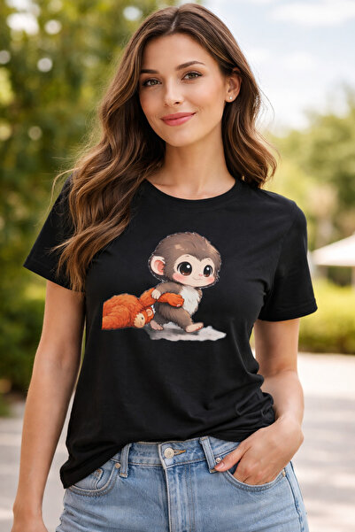 Yuchicly Punch Monkey Patterned Women's Black T-Shirt – Popular Cute Characte...
