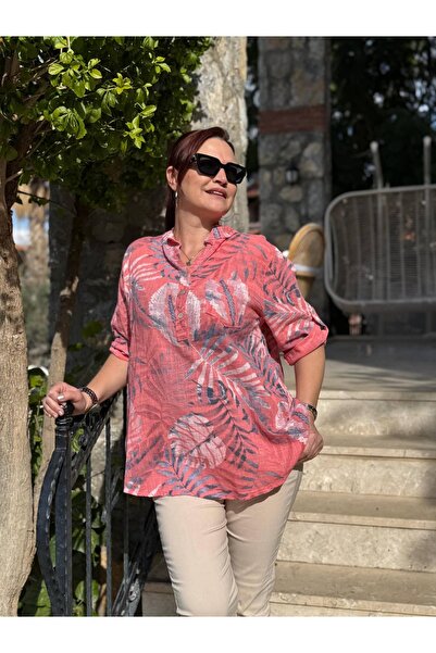 Punta Otantik Yg14030 Italian Three Button Cotton Linen Blouse Coral