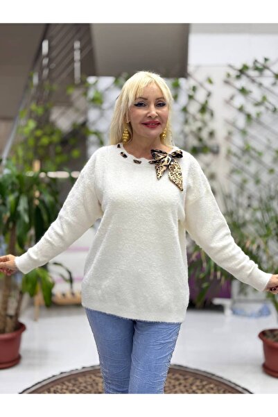 Punta Otantik D12829 Pulover moale cu detaliu panglică leopard, alb