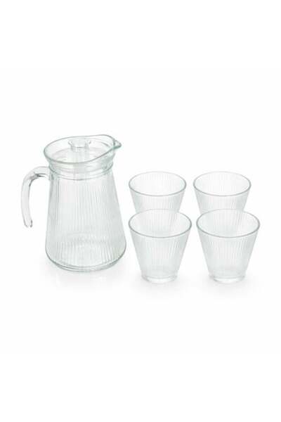 Generis Teapot Set with 4 Transparent Striped Glass Cups - 5 Pieces