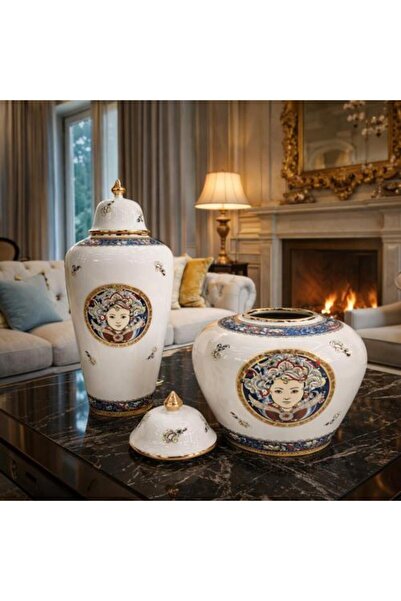 Generis طقم مزهريات سيراميك فاخرة بنقوش فنية كلاسيكية (قطعتان)