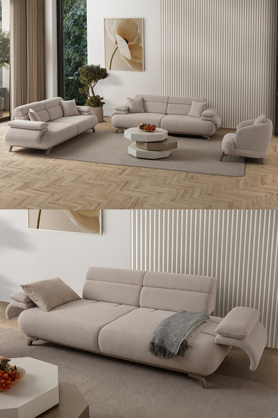 Eymense Bonjo Sırt Mekanizmalı Kasalı Koltuk Takımı 3+3+1 Bej