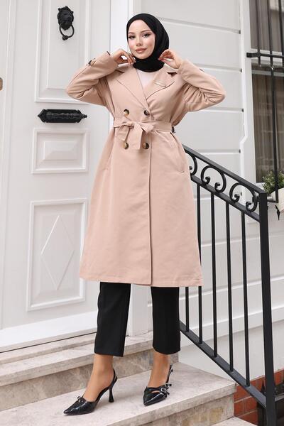 Modamihram Brooch Detailed Buttoned Trench Coat Mink 19371