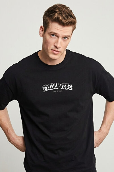 COMBİNE MİCHAİL Men's Chill Printed Oversize Black T-Shirt