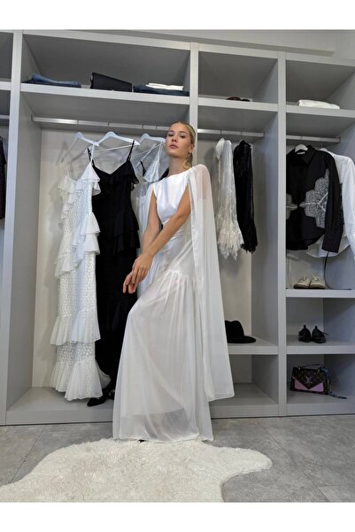MOVELLA FASHİON Cape Detail New Season Maxi Size Womka Design White Dress