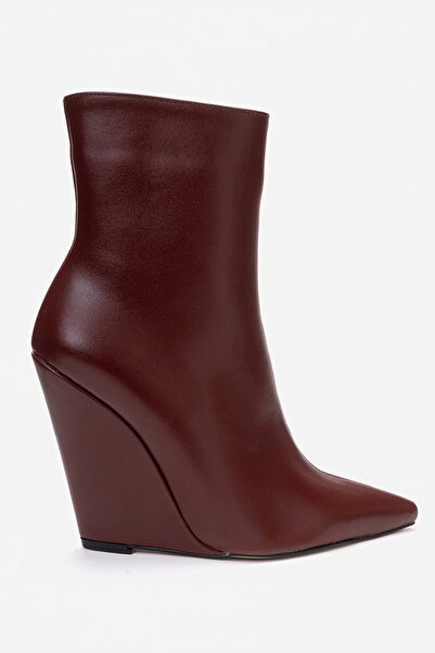 Ayakkabı Ateşi Burgundy Leather Pointed Toe Wedge Heeled Women's Boots Polly