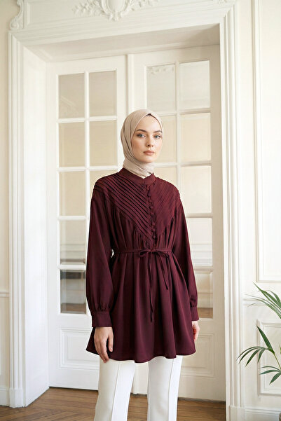 MODAQU Ribbed Detailed Buttoned Tunic - Burgundy