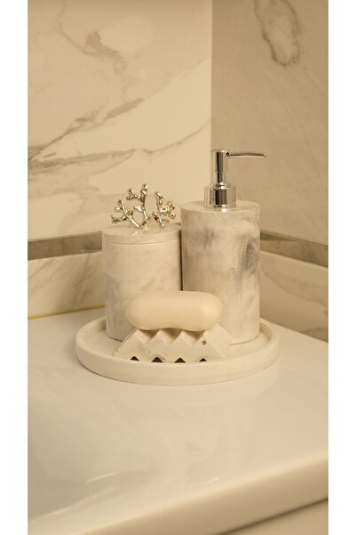 BeeCandleHome Beyaz Mermer Desenli Katı Sabunluk Banyo Seti