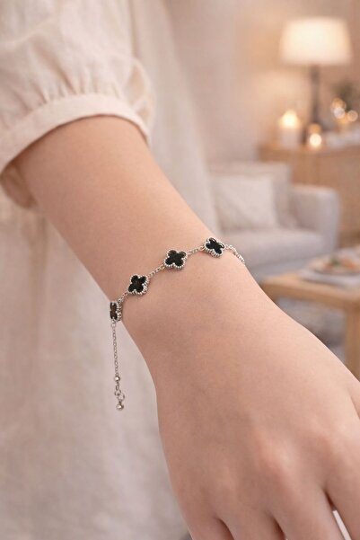 More Black Van Cleef Model 5'li Siyah Yonca Çelik Bileklik - Siyah